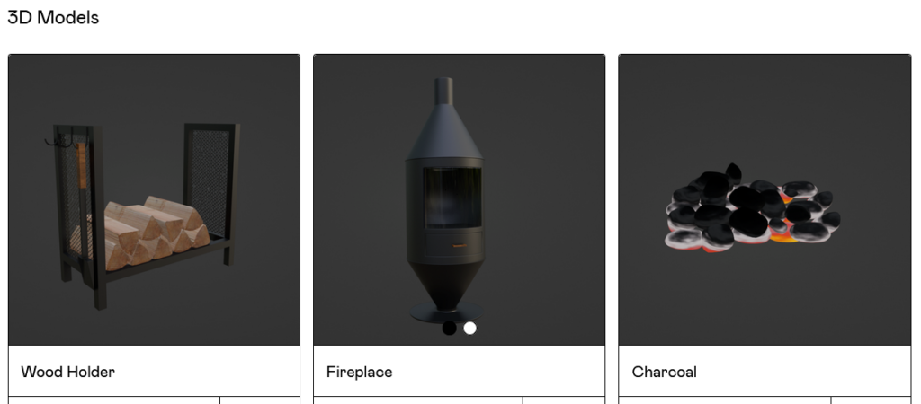 Übersicht der Blender 3D-Models - Wood Holder, Fireplace, Charcoal