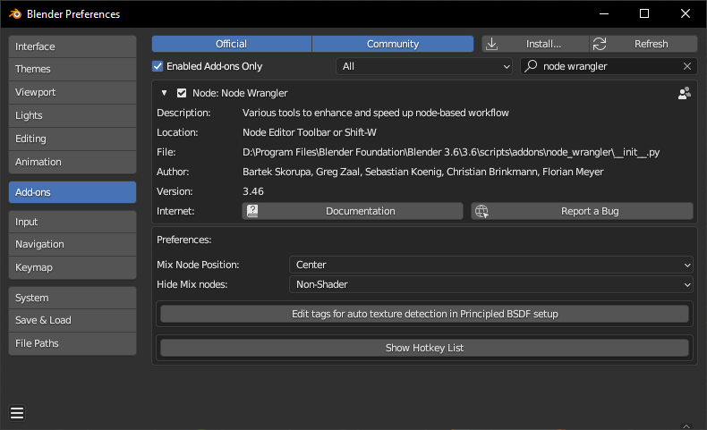 Blender Node Wrangler Add-on Einstellungen