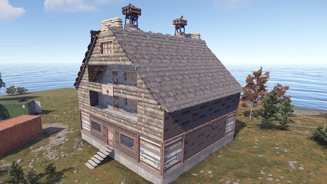 Seitenansicht der Raidable Base1 mit Wasser im Hintergrund