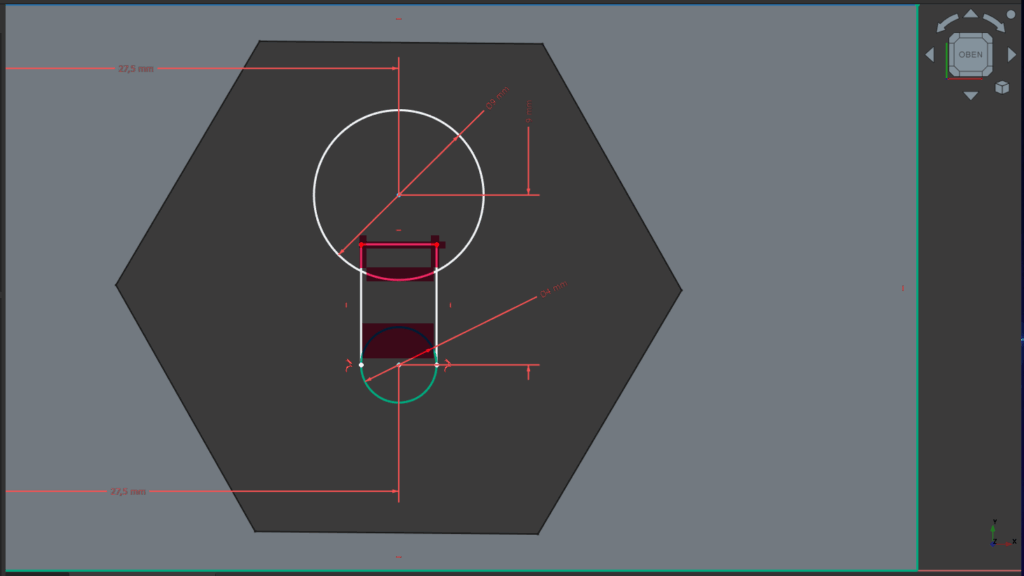 Die Skizzen Ansicht im FreeCAD des Schlüssellochaufhängers mit mehreren Maßangaben und roten Markierungen